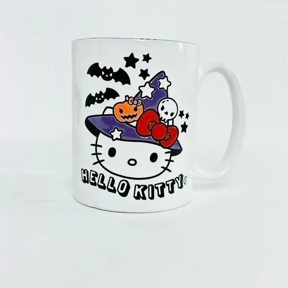 NWT Hello Kitty Halloween Witch Pumpkin Skull Bats Stars Spider Web Broom Mugs - Picture 2 of 7